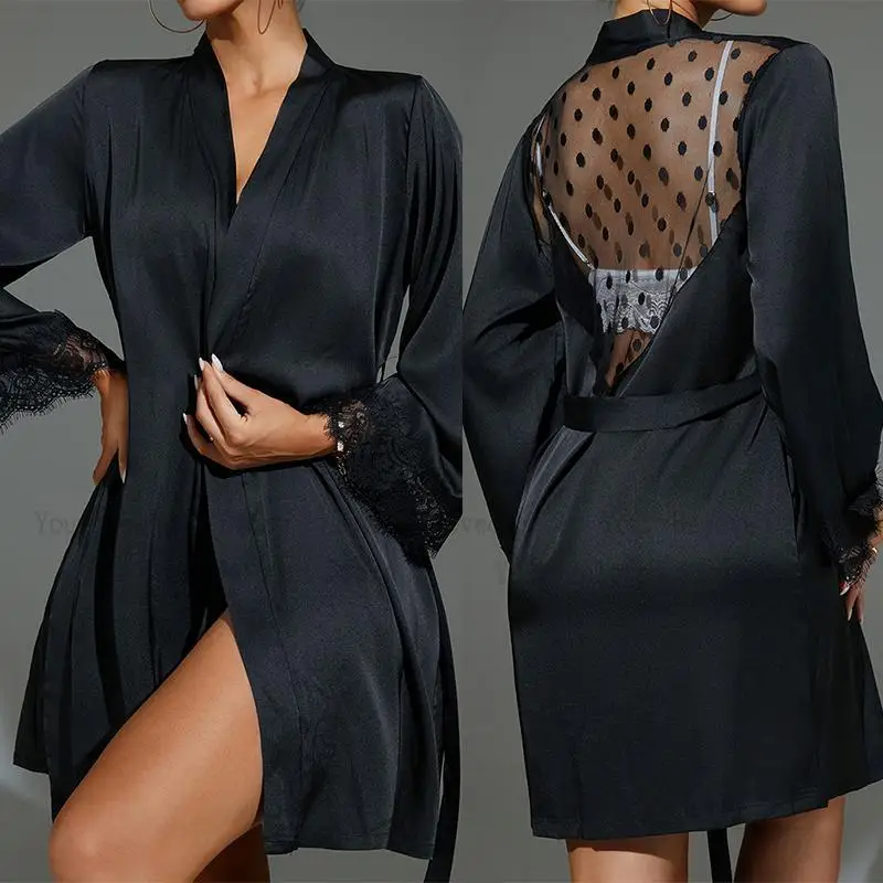 Kimono Sheer Floral - Krótkie kimono czarna przezroczysta siateczka szata