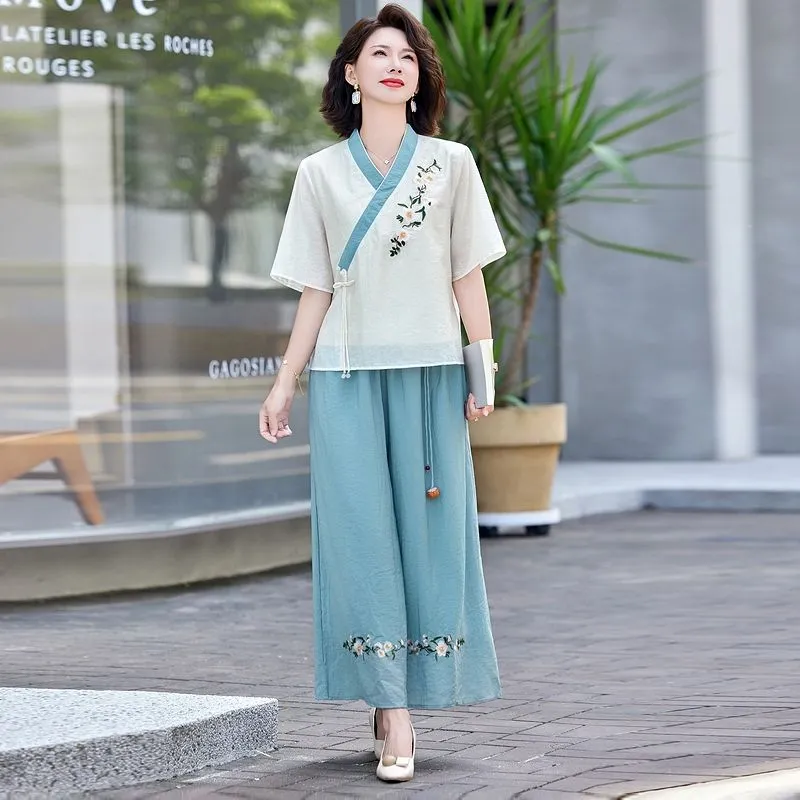 Linen Pant Wide - Damski dwuczęściowy zestaw z lnu w